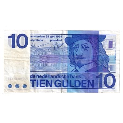 Netherlands Note 1968 10 Gulder, O in Bullseye Variety VF-EF