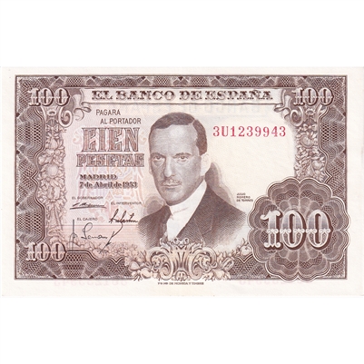 Spain 1953 100 Pesetas Note, Pick #145a, UNC (L) 