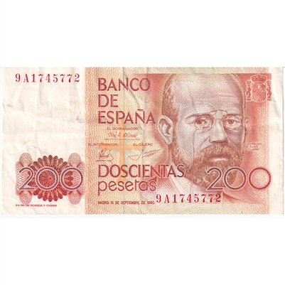 Spain 1980 200 Pesetas Note, Pick #156, VF 