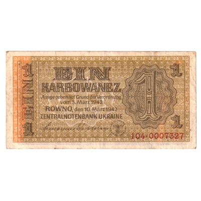 Ukraine 1942 1 Karbowanez Note, Pick #49, VF-EF 