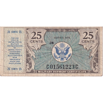 USA 1948-51 25-Cents Military PMT Certificate, Series 472, F-VF