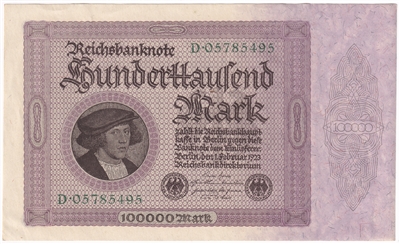 Germany 1923 100,000 Mark Note, Pick #83a, AU-UNC (L)