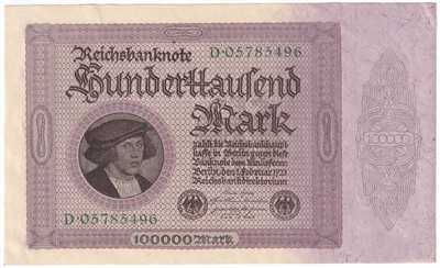 Germany 1923 100,000 Mark Note, Pick #83a, AU (L) 