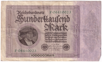 Germany 1923 100,000 Mark Note, Pick #83a, VF (L) 