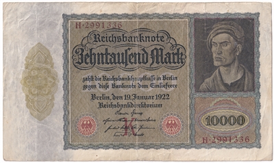 Germany 1922 10,000 Mark Note, Pick #70, F-VF (L) 