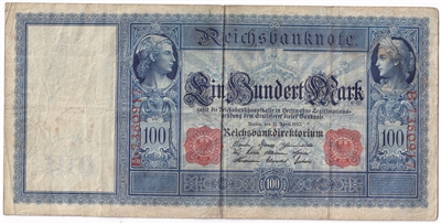 Germany 1910 100 Mark Note, Pick #42 F (L) 