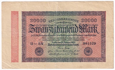 Germany 1923 20,000 Mark Note, Pick #85b, VF (L) 