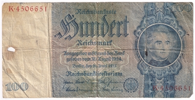 Germany 1935 100 Reichsmark Note, Pick #183a, Circ. (L) 