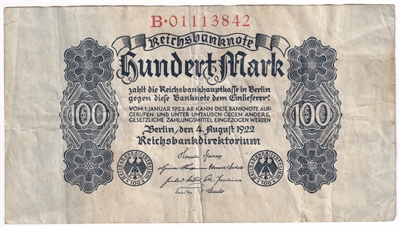 Germany 1922 100 Mark Note, Pick #175, VF (L) 