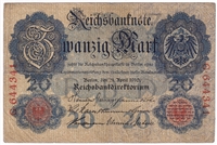 Germany 1910 20 Mark Note, Pick #40a 6 Digit, VG-F (L)