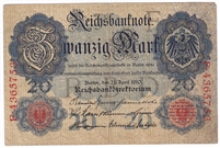 Germany 1910 20 Mark Note, Pick #40b 7 Digit, F (L)