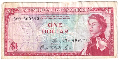 East Caribbean States 1965 1 Dollar Note, Pick #13d, Signature 5, VF (stain)