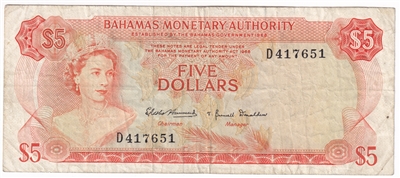 Bahamas 1968 5 Dollar Note, Pick #29a, F 