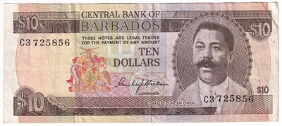 Barbados 1973 10 Dollar Note, Pick #33a, VF 