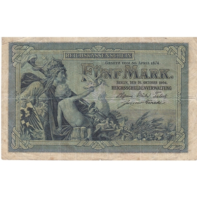 Germany 1904 5 Mark Note, 6 Digit, F 