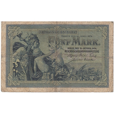 Germany 1904 5 Mark Note, 6 Digit, VG 
