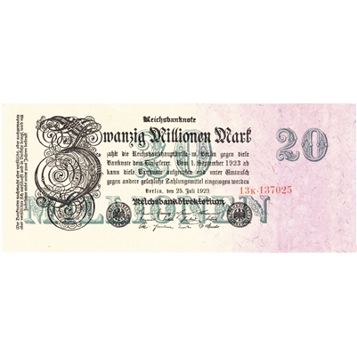 Germany 1923 20 Million Mark Note, 8 Digit, AU-UNC 