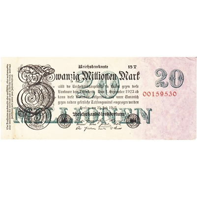 Germany 1923 20 Million Mark Note, 8 Digit, VF 