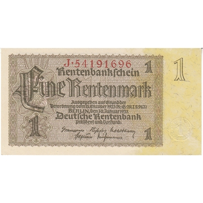 Germany 1937 1 Rentenmark Note, 8 Digit, UNC 