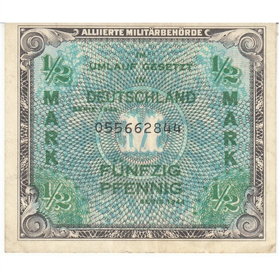 Germany 1944 1/2 Mark Note, 9 Digit, EF 