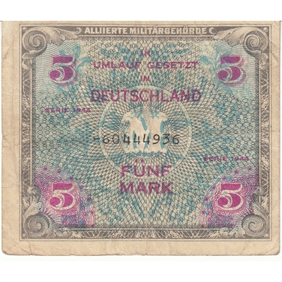 Germany 1944 5 Mark Note, 8 Digit without F, VF 