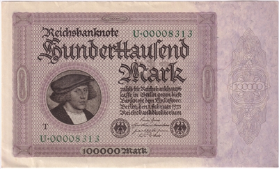 Germany 1923 100,000 Mark Note, Pick #83b, EF-AU (L) 