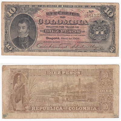 Colombia Note 1904 10 Pesos, F-VF