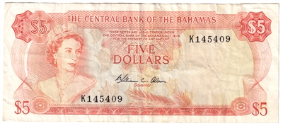 Bahamas 1974 5 Dollar Note, Pick #37b Allen, VF 