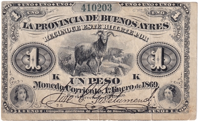 Argentina Note 1869 1 Peso Printed Sig. VF-EF