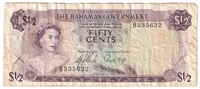 Bahamas 1965 1/2 Dollar Note, Pick #17a, F 