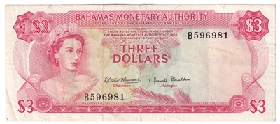 Bahamas 1968 3 Dollar Note, Pick #28a, VF (tear)