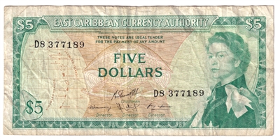 East Caribbean States 1965 5 Dollar Note, Pick #14h, Signature 10, VF 