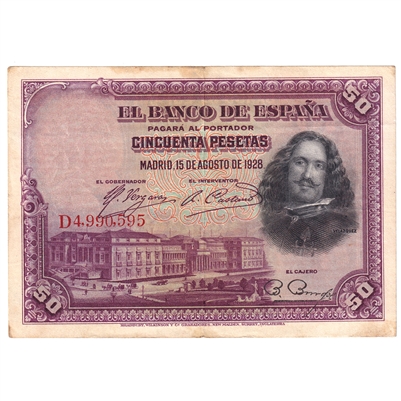 Spain 1928 50 Pesetas Note, Pick #75b, EF