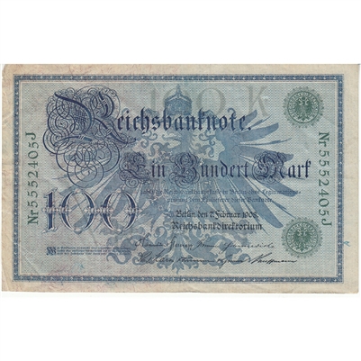 Germany 1908 100 Mark Note, Green VF 