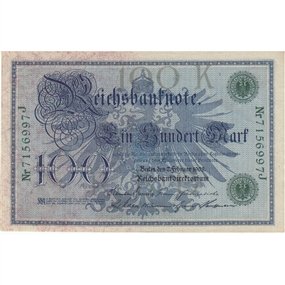 Germany 1908 100 Mark Note, Green AU-UNC 