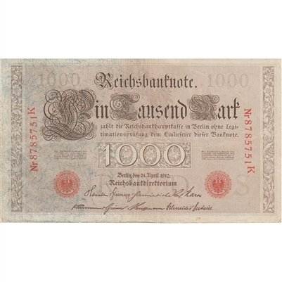 Germany 1910 1,000 Mark Note, Red VF