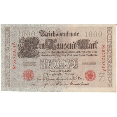 Germany 1910 1,000 Mark Note, Red AU 