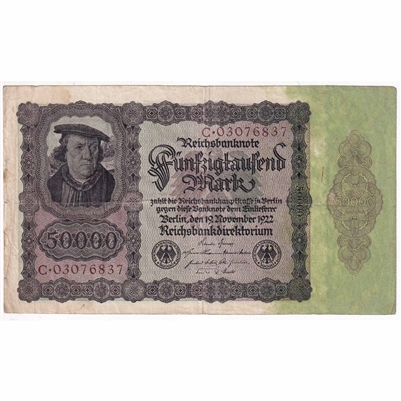 Germany 1922 50,000 Mark Note, w/Under, F 