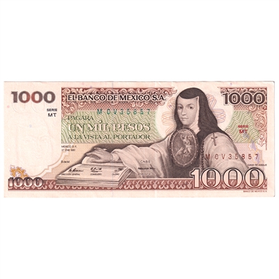 Mexico 1981 1,000 Pesos Note, Pick #76b Litho Back, AU 