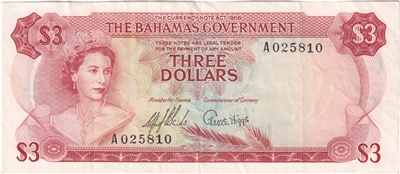 Bahamas 1965 3 Dollar Note, Pick #19a 2 Signatures, VF