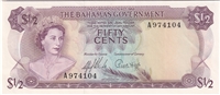 Bahamas 1965 1/2 Dollar Note, Pick #17a, AU