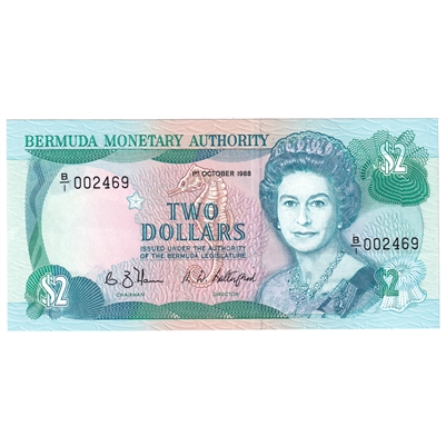 Bermuda 1988 2 Dollar Note, Pick #34a, AU 