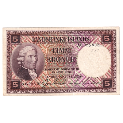 Iceland 1934-47 5 Kronur Note, Pick #27b, EF 