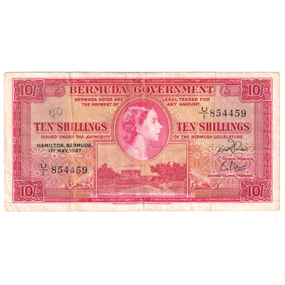 Bermuda 1957 10 Shilling Note, Pick #19b, F-VF 