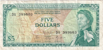 East Caribbean States 1965 5 Dollar Note, Pick #14h, Signature 9, VF 