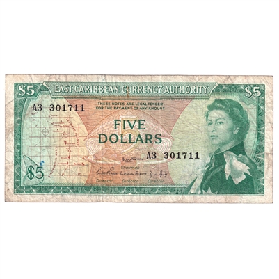 East Caribbean States 1965 5 Dollar Note, Pick #14a, Signature 1, F 