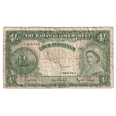 Bahamas 1953 4 Shilling Note, Pick #13d, VG-F 
