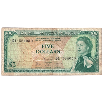 East Caribbean States 1965 5 Dollar Note, Pick #14h, Signature 9, F 