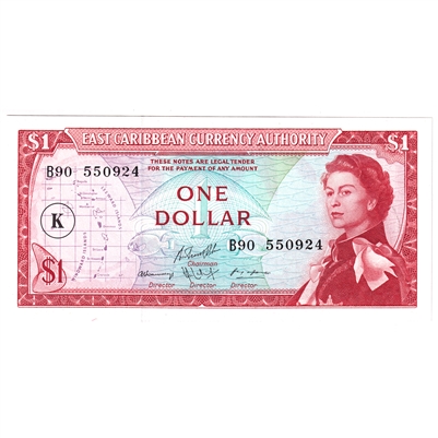 East Caribbean States 1965 1 Dollar Note, Pick #13k, K Overprint, UNC 