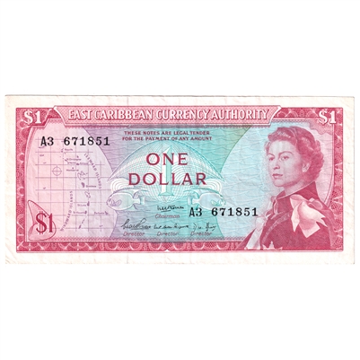 East Caribbean States 1965 1 Dollar Note, Pick #13a, Signature 1, VF